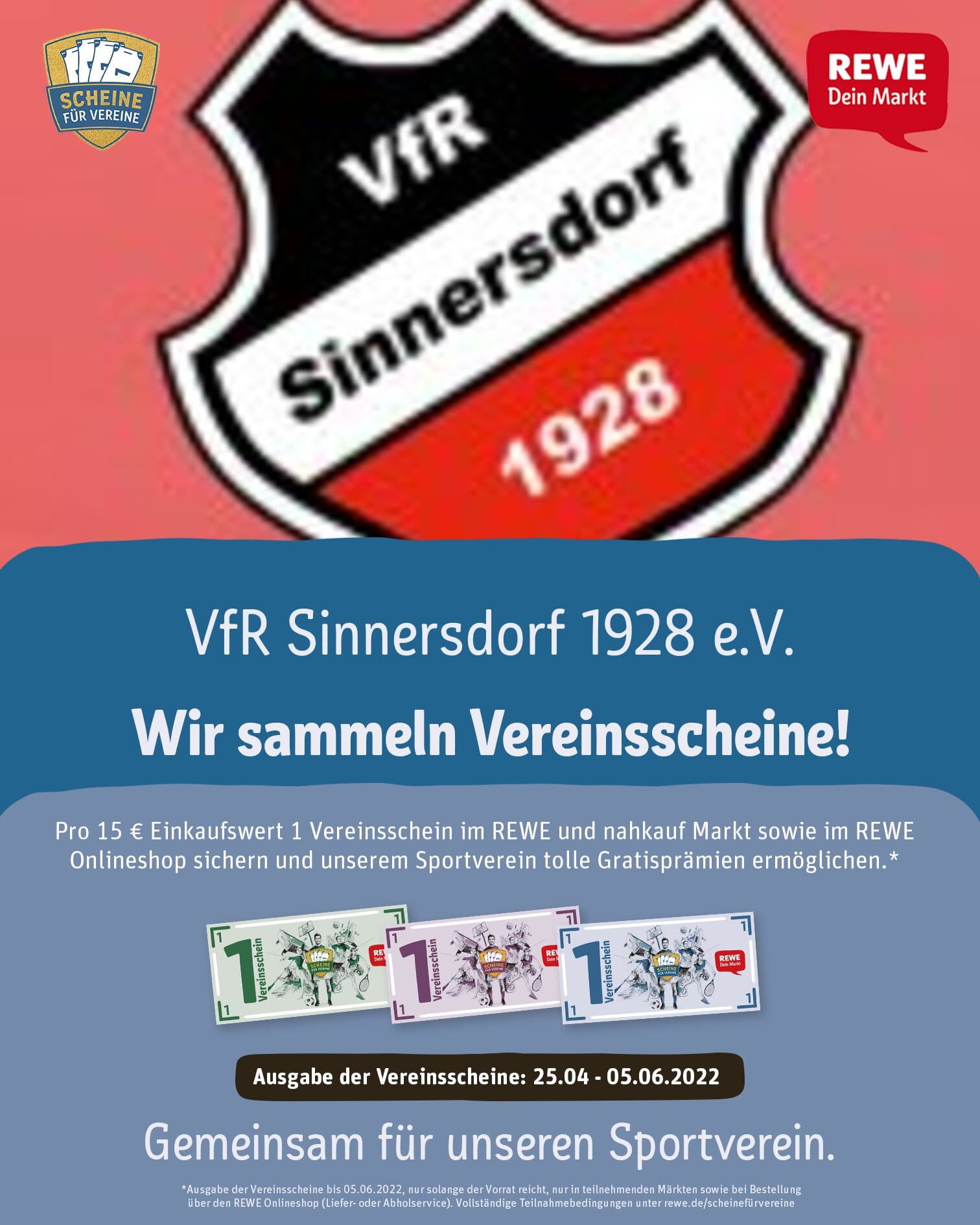 Plakat mit dem VfR Logo und einem Werbetext für die REWE Aktion Scheine für Vereine